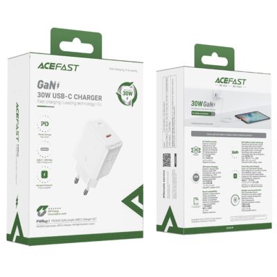 Balta Acefast A21 30W GaN USB-C įkroviklio dėžutė su žalia detalė ir produkto informacija