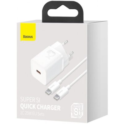 Baltas įkroviklis buitinis Baseus Super Si 25W su USB Type-C laidu 1 metro ilgio