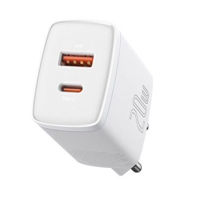 Baltas įkroviklis buitinis Baseus USB + Type-C 20W CCXJ-B02 su USB ir Type-C lizdais