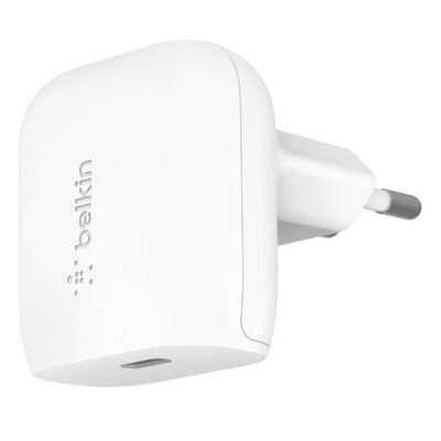 Baltas įkroviklis buitinis Belkin Boost Charge 20W USB-C PD su USB-C jungtimi ir metaliniu kaiščiu