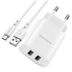 Baltas įkroviklis buitinis Borofone BN2 2xUSB 2.1A su USB Type-C kabeliu