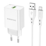 Baltas įkroviklis buitinis Borofone BN5 QC 3.0 18W su microUSB kabeliu