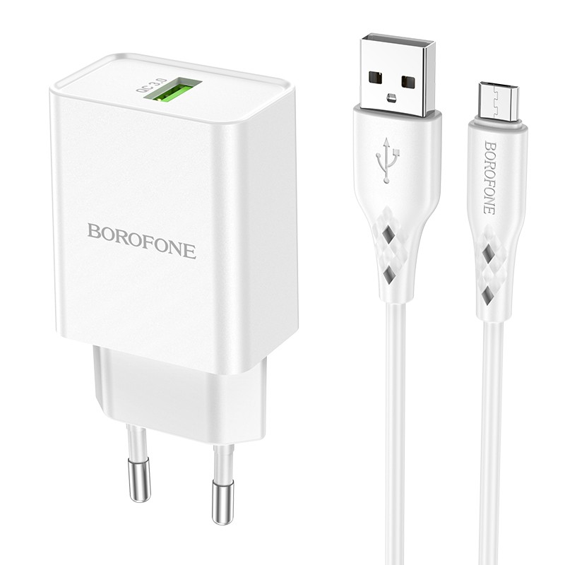 Baltas įkroviklis buitinis Borofone BN5 QC 3.0 18W + microUSB Baltas įkroviklis buitinis Borofone BN5 QC 3.0 18W su microUSB kabeliu
