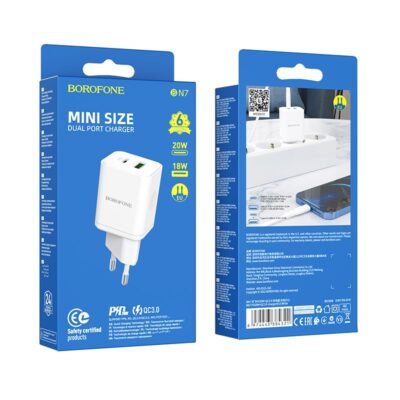 Baltas įkroviklis buitinis Borofone BN7 Type-C 20W su USB-A 18W PD20W+QC3.0 mini dydžio įkroviklis
