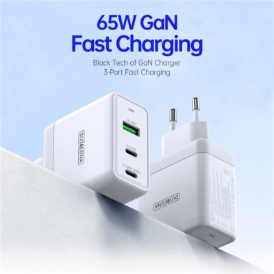 Baltas įkroviklis buitinis DUZZONA T1 65W 1xUSB, 2xType-C su 65W greituoju įkrovimu