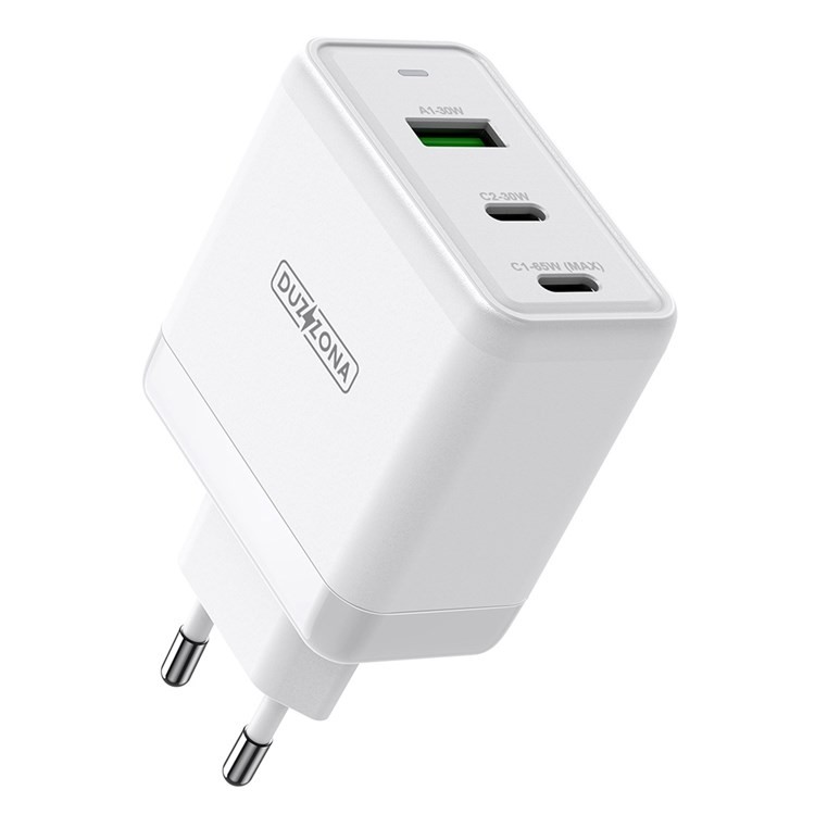 Baltas įkroviklis buitinis DUZZONA T1 65W 1xUSB 2xType-C Baltas įkroviklis buitinis DUZZONA T1 65W su 1xUSB ir 2xType-C jungtimis