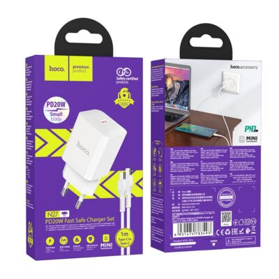 Baltas įkroviklis buitinis Hoco N27 Innovative PD20W su Type-C jungtimi ir pakavimo dėžute