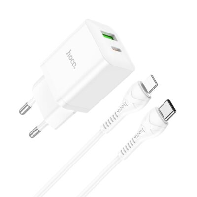 Baltas įkroviklis buitinis Hoco N28 PD20W su USB-C ir USB-A jungtimis bei Lightning laidu