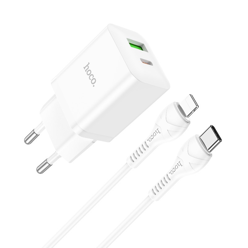 Baltas įkroviklis buitinis Hoco N28 PD20W Baltas įkroviklis buitinis Hoco N28 PD20W su USB-C ir USB-A jungtimis bei Lightning laidu