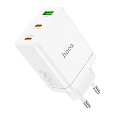 Baltas įkroviklis buitinis Hoco N33 su 1xUSB-A ir 2xType-C 35W jungtimis