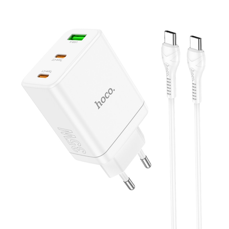 Baltas įkroviklis Hoco N33 35W Baltas įkroviklis buitinis Hoco N33 1xUSB-A 2xType-C 35W ir Type-C laidas