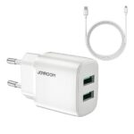 Baltas įkroviklis buitinis Joyroom L-2A123 su 2 USB lizdais ir microUSB kabeliu 1 metro ilgio
