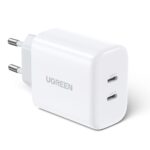 Baltas įkroviklis buitinis Ugreen CD243 su 2 USB-C jungtimis ir 40W galia