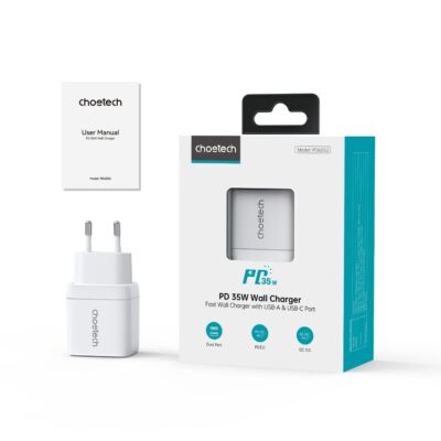 Baltas įkroviklis Choetech PD6052 USB-C USB-A PD35W GaN su naudotojo instrukcija ir pakuote