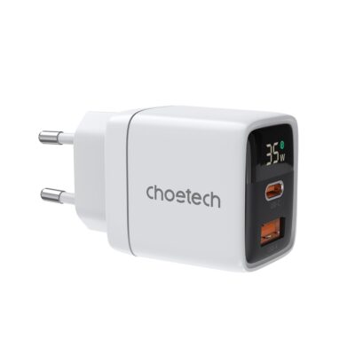Baltas įkroviklis Choetech PD6052 USB-C ir USB-A PD35W su ekranėliu