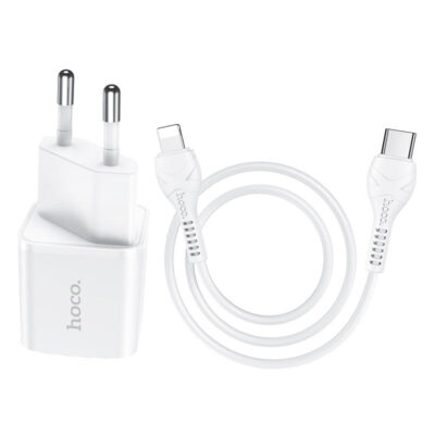Baltas įkroviklis Hoco N10 PD20W Type-C-Lightning su USB-C įkrovimo kabeliu