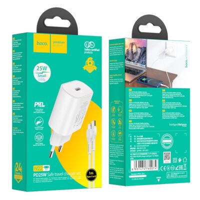 Baltas įkroviklis Hoco N22 PD25W su 1 metro ilgio Lightning kabeliu patogiam įkrovimui