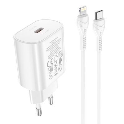Baltas įkroviklis Hoco N22 PD25W su Lightning ir USB-C kabeliais