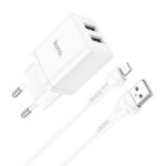 Baltas įkroviklis Hoco N25 su dviem USB-A lizdais ir Lightning kabeliu