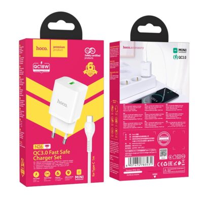 Baltas įkroviklis hoco n26 usb-a quick charge 3.0 18w su type-c jungtimi raudonoje pakuotėje