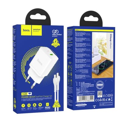 Baltas įkroviklis Hoco N28 20W su USB-C ir USB-A jungtimis bei USB-C į USB-C kabeliu 1 metro ilgio