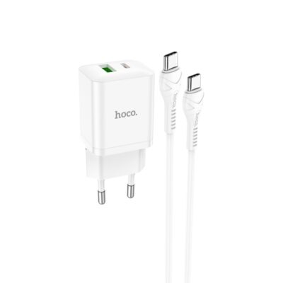 Baltas įkroviklis Hoco N28 su USB-C ir USB-A prievadais ir USB-C į USB-C kabeliu