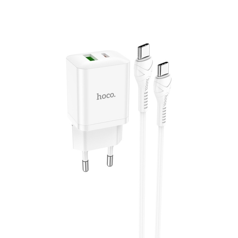 Baltas įkroviklis Hoco N28 20W USB-C USB-A Baltas įkroviklis Hoco N28 su USB-C ir USB-A prievadais ir USB-C į USB-C kabeliu
