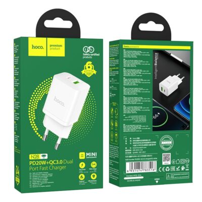 Baltas įkroviklis Hoco N28 PD20W+QC3.0 su dviem USB prijungimo lizdais žalia dėžutėje