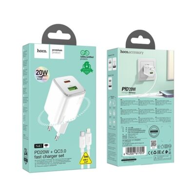 Baltas įkroviklis Hoco N41 20W GaN USB-A ir USB-C su 1 metro USB-C į Lightning kabeliu pakuotėje