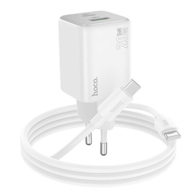 Balta įkroviklio Hoco N41 20W GaN USB-A / USB-C su 1 metrų USB-C į USB-C kabeliu nuotrauka