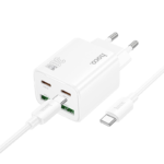 Baltas įkroviklis Hoco N56 su dviem USB-C ir dviem USB-A jungtimis, įkelta USB-C laidu.