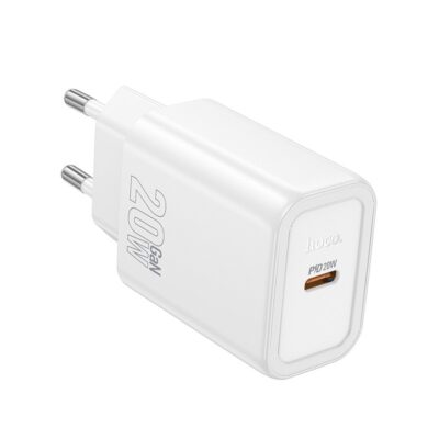 Baltas įkroviklis Hoco N60 20W GaN USB-C su USB-C jungtimi ir europietišku kontaktu.