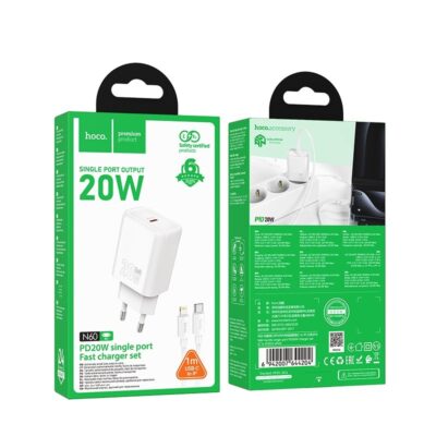 Baltas įkroviklis Hoco N60 20W su USB-C įžtuvu ir USB-C į Lightning kabeliu 1m