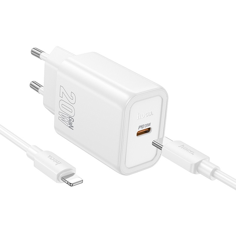 Baltas įkroviklis Hoco N60 20W GaN USB-C Baltas įkroviklis Hoco N60 20W GaN USB-C su USB-C į Lightning kabeliu 1.0m, modernus dizainas ir kokybiška apdaila