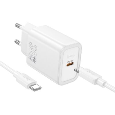 Baltas įkroviklis Hoco N62 30W GaN USB-C su USB-C į USB-C kabeliu 1 metro ilgio