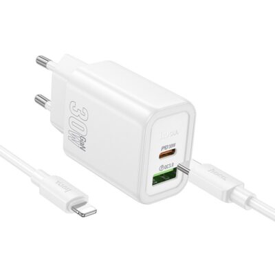 Baltas įkroviklis Hoco N63 30W GaN su USB-C ir USB-A jungtimis bei USB-C į Lightning laidu 1 metro