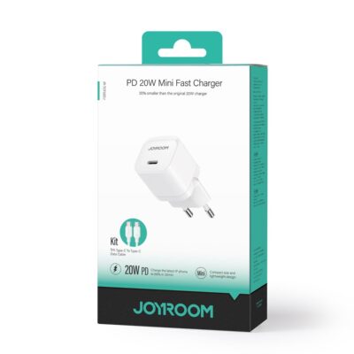 Baltas įkroviklis Joyroom JR-TCF02 USB-C PD20W su USB-C kabeliu 1 metro ilgio pakuotėje