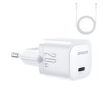 Baltas įkroviklis Joyroom JR-TCF02 su USB-C PD20W jungtimi ir baltu USB-C kabeliu 1 metro ilgio