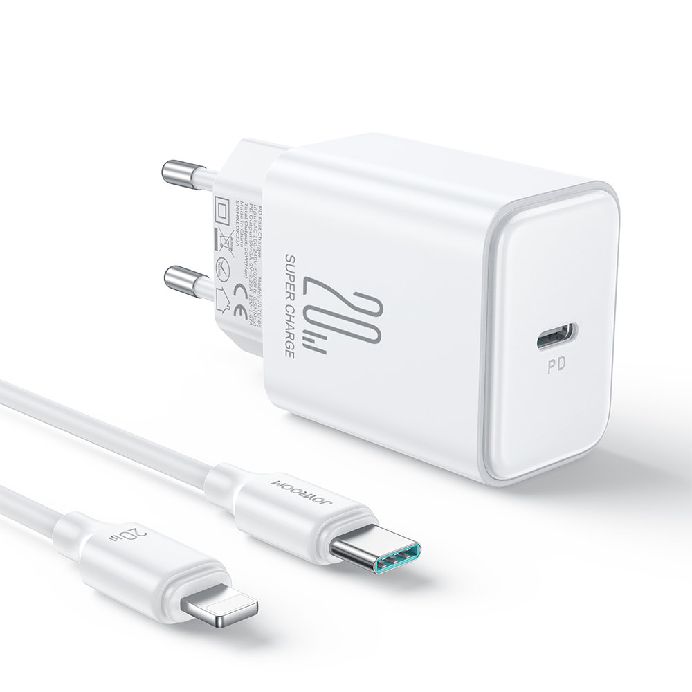 Baltas įkroviklis Joyroom JR-TCF06 USB-C PD20W Baltas įkroviklis Joyroom JR-TCF06 USB-C PD20W su USB-C į Lightning kabeliu 1 metro ilgio