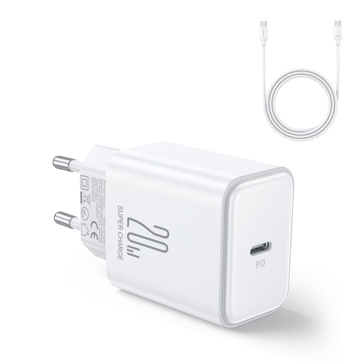 Baltas įkroviklis Joyroom JR-TCF06 USB-C PD20W Baltas įkroviklis Joyroom JR-TCF06 USB-C PD20W su USB-C į USB-C kabeliu 1 metro ilgio