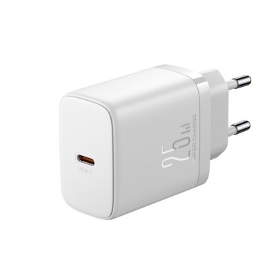 Baltas įkroviklis Joyroom JR-TCF11 USB-C 25W su USB-C jungtimi ir dviem metaliniais kaiščiais