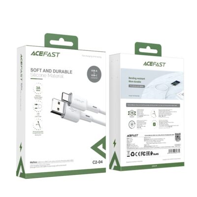 Baltas USB kabelis Acefast C2-04 1.2m su USB-A į USB-C jungtimis, minkštas silikoninis apvalkalas