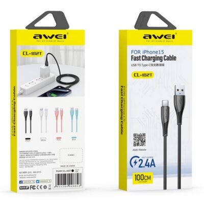 Baltas USB kabelis Awei CL-182T USB to USB-C 1.0m pakavimo dėžutė su geltonais akcentais