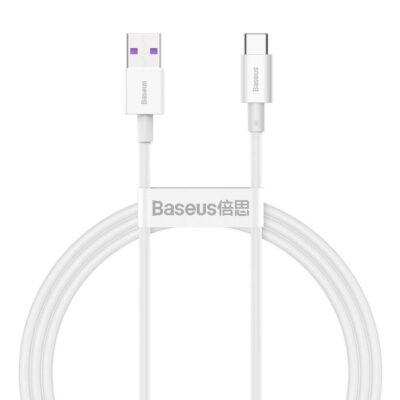 Baltas USB kabelis Baseus Superior iš USB į Type-C 66W 2.0m su baltu apvaliu laidu