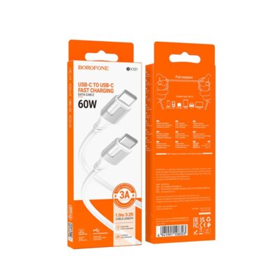 Baltas USB kabelis Borofone BX101 60W USB-C to USB-C 1.0m dėžutėje su ryškiai oranžiniu dizainu ir baltu fonu