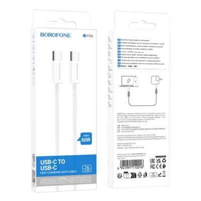 Baltas USB kabelis Borofone BX104 USB-C to USB-C 60W 1.0m su pilkai baltu pynimu ir metaliniais USB-C jungtimis