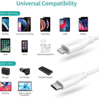 Baltas USB kabelis Choetech IP0040 MFi USB-C to Lightning PD30W 1.2m su universalios suderinamumo funkcija Apple iPhone ir iPad prietaisams