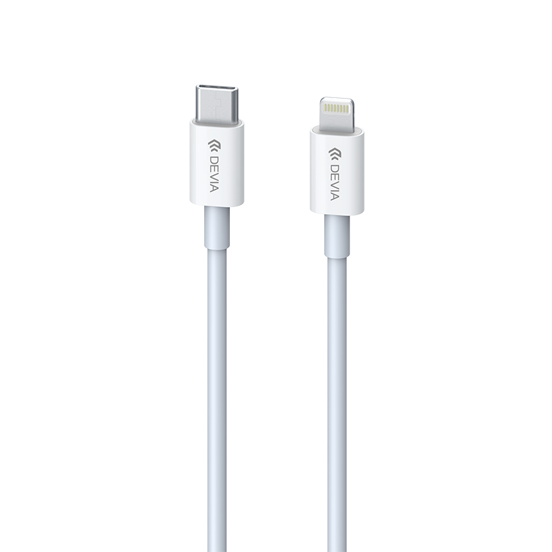 Baltas USB kabelis Devia Smart PD Type-C į Lightning 1.0m 20W 3A Baltas USB kabelis Devia Smart PD Type-C į Lightning 1.0m su logotipu ant jungčių