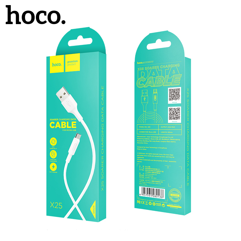 Baltas USB kabelis Hoco X25 microUSB 1.0m Baltas USB kabelis Hoco X25 microUSB 1.0m originalioje zaliai melynoje dezuteje