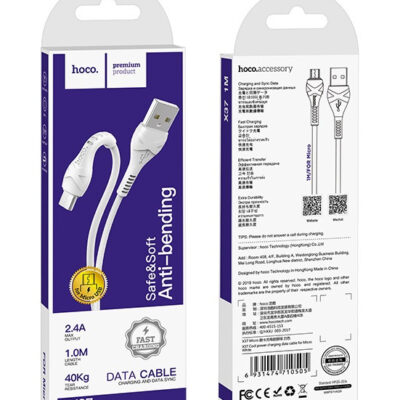Baltas USB kabelis Hoco X37 Cool Power microUSB 1.0m su anti-lankstymo apsauga ir 2.4A greitu įkrovimu